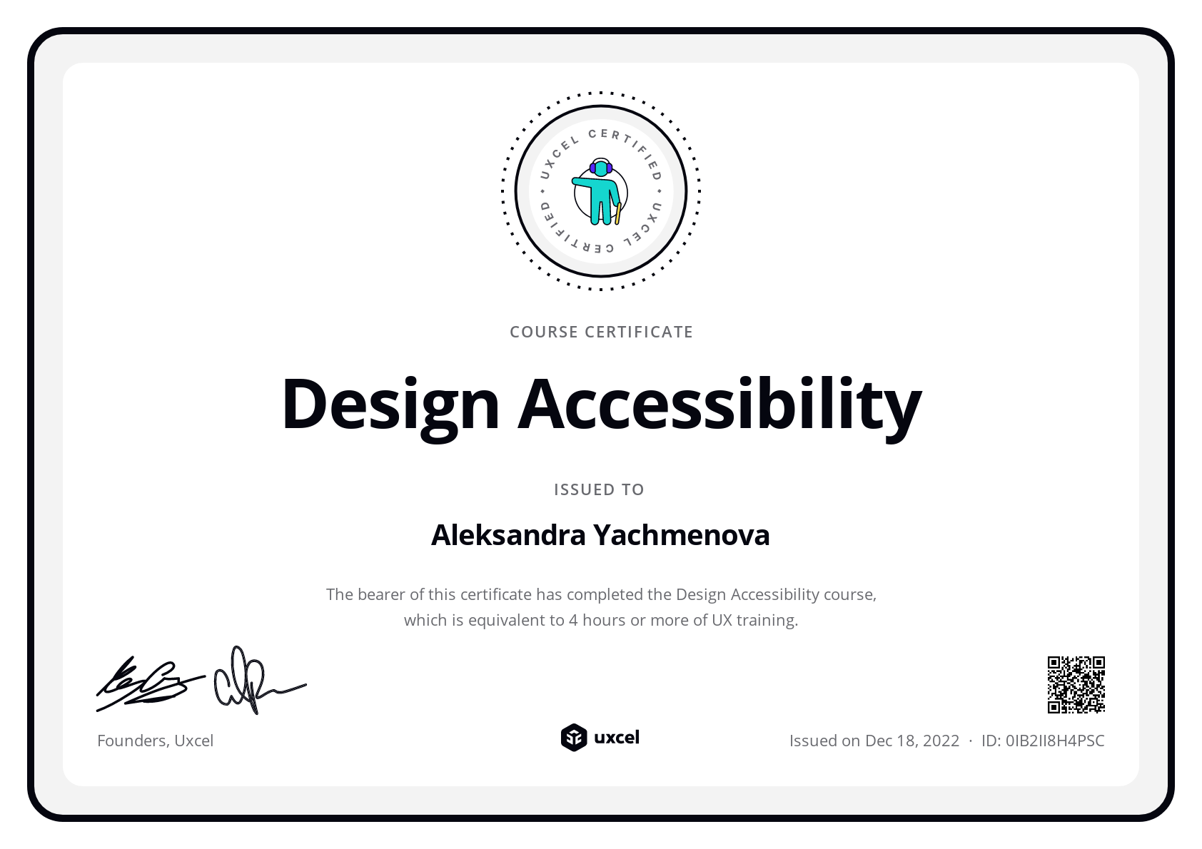 Aleksandra Yachmenova's certificate